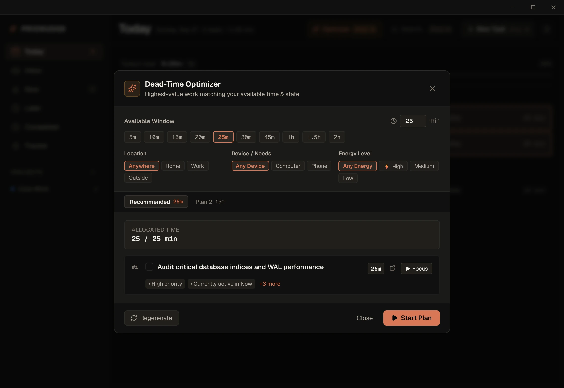 The Dead-Time Optimizer: choose an available time window, location, device and energy level, and PrioNudge ranks a single task into a startable plan.