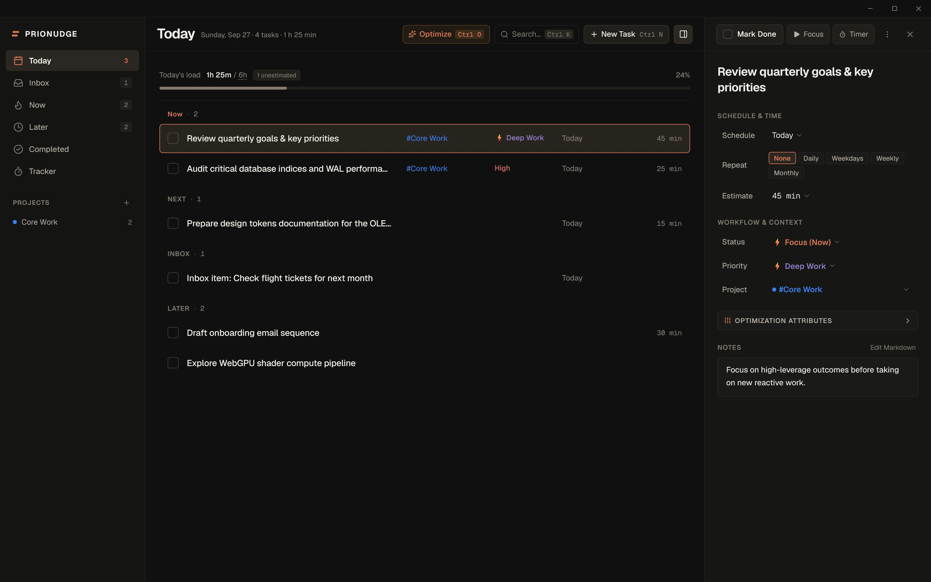 The PrioNudge desktop app Today view with custom window titlebar. The Now section holds two prioritized tasks — one marked Deep Work, one marked High priority — with Next, Inbox and Later sections below, and the task inspector open on the right showing recurrence schedule options and task attributes.